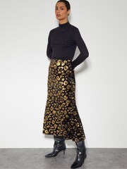 Monsoon Black Arwen Sequin Leopard Velvet Midi Skirt - Image 1 of 5