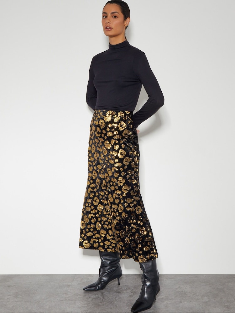 Monsoon Black Arwen Sequin Leopard Velvet Midi Skirt - Image 1 of 5