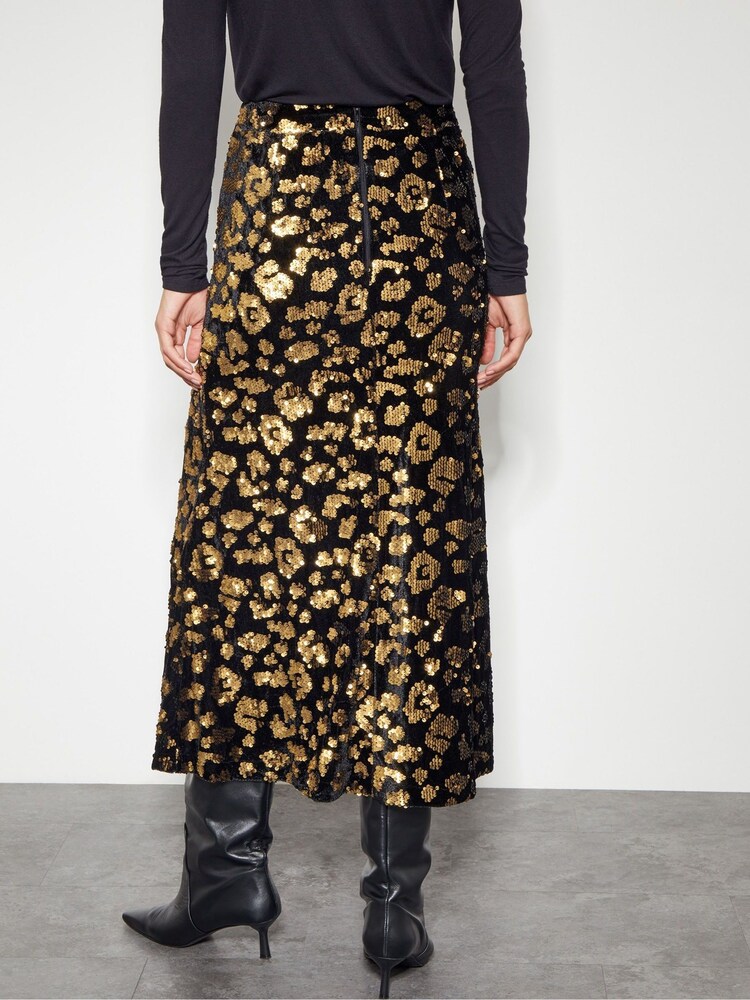 Monsoon Black Arwen Sequin Leopard Velvet Midi Skirt - Image 3 of 5
