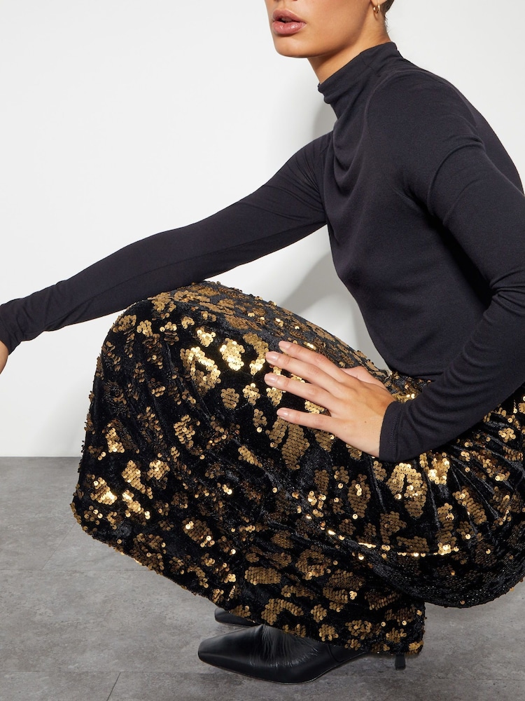 Monsoon Black Arwen Sequin Leopard Velvet Midi Skirt - Image 4 of 5