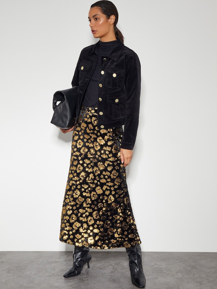 Monsoon Black Arwen Sequin Leopard Velvet Midi Skirt - Image 5 of 5