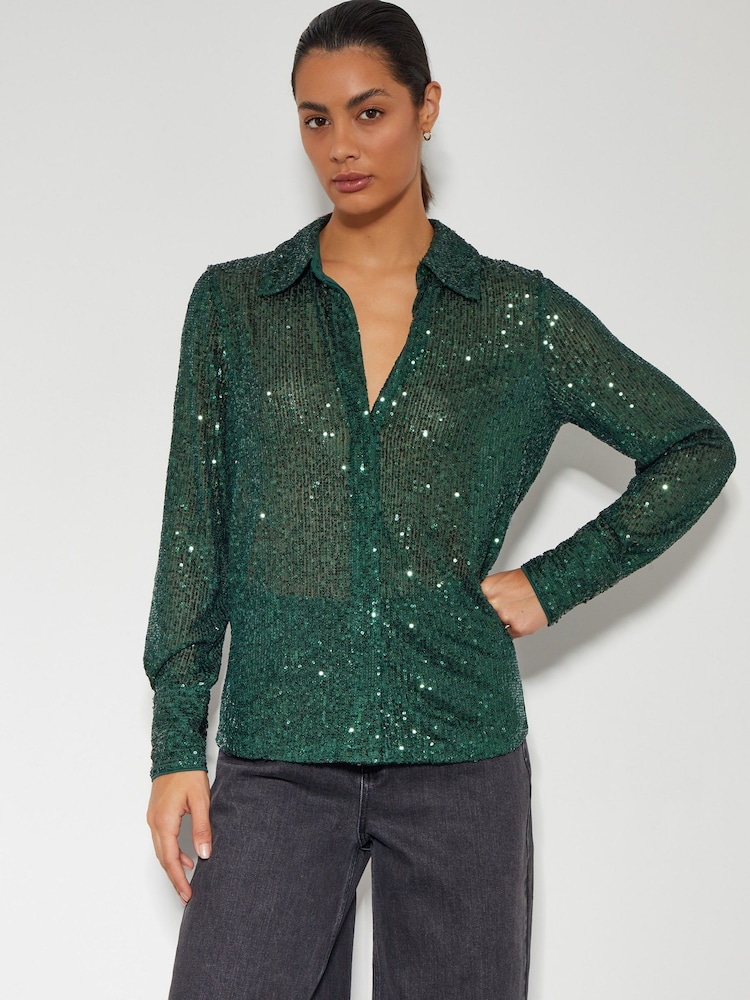 Monsoon Green Shonda Sheer Sequin Shirt - Image 2 of 5 Monsoon Green Shonda Sheer Sequin Shirt - Image 2 of 5