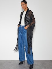 Monsoon Black Darcy Fringe Floral Devore Kimono - Image 1 of 4