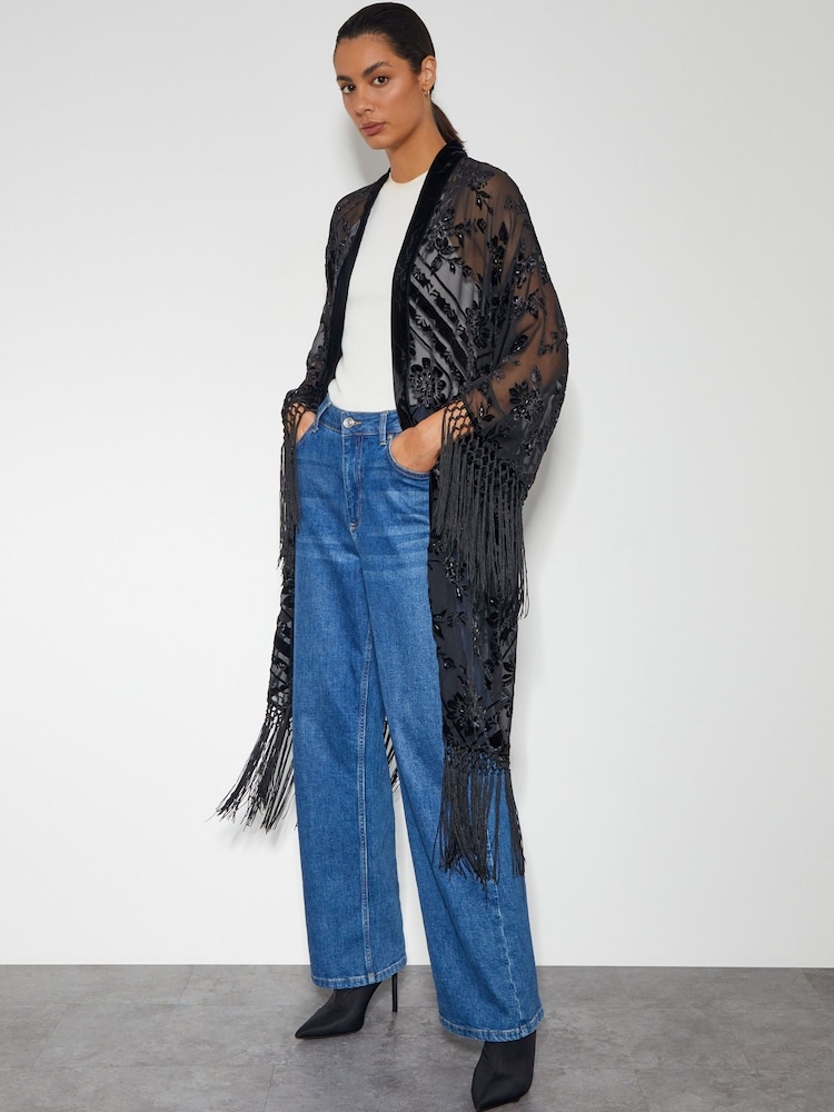 Monsoon Black Darcy Fringe Floral Devore Kimono - Image 1 of 4