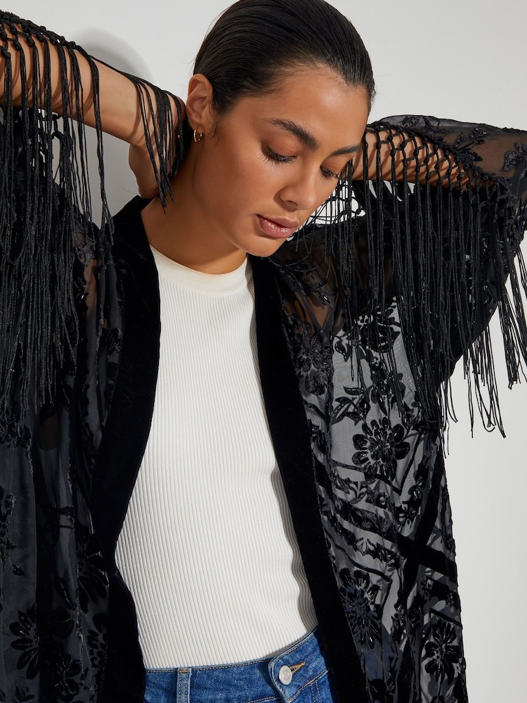 Monsoon Black Darcy Fringe Floral Devore Kimono - Image 2 of 4