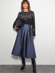 Monsoon Blue Tanya Taffeta Pleated Midi Skirt - Image 2 of 5