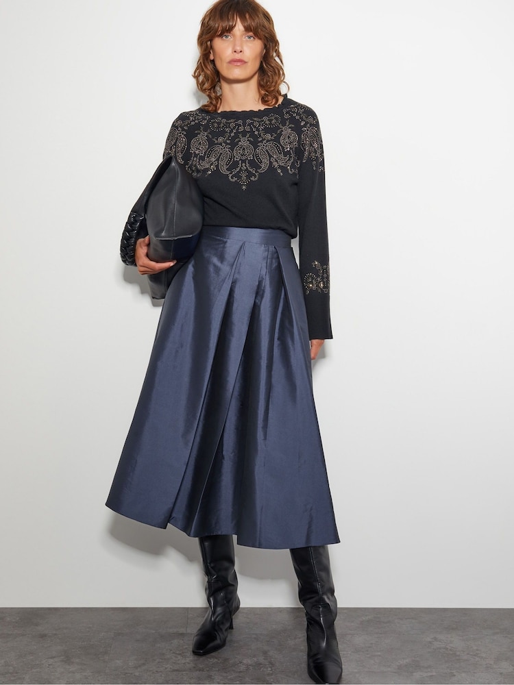 Monsoon Blue Tanya Taffeta Pleated Midi Skirt - Image 2 of 5
