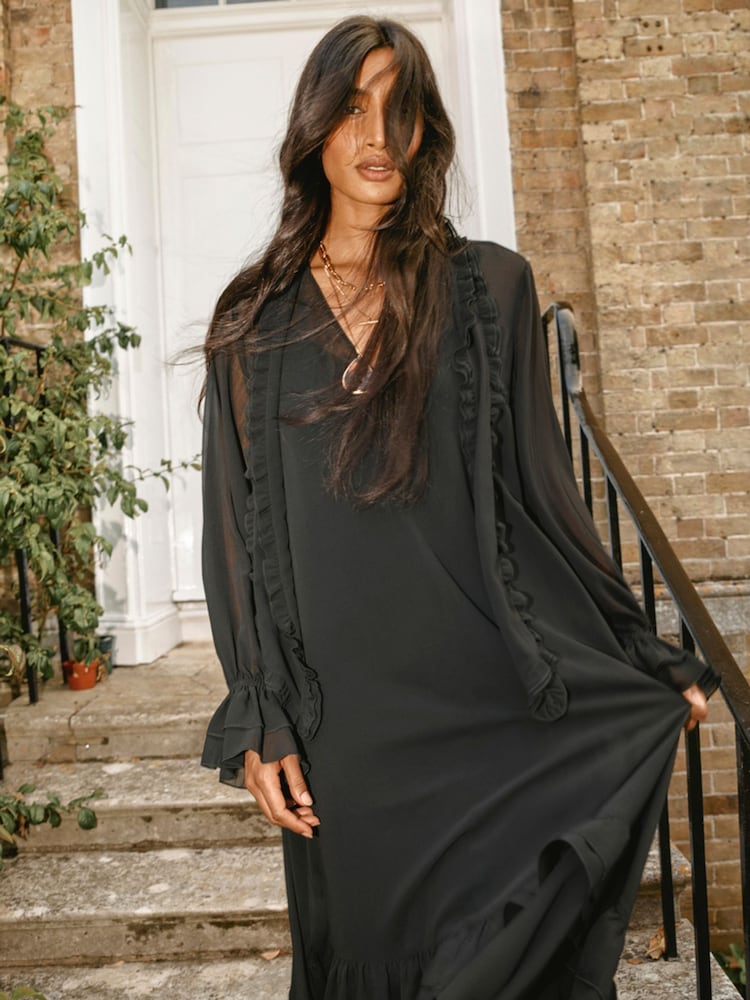 Monsoon Black Aurelia Long Sleeve Ruffle Midi Dress - Image 1 of 8 Monsoon Black Aurelia Long Sleeve Ruffle Midi Dress - Image 1 of 8