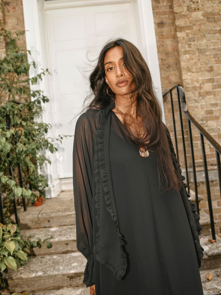 Monsoon Black Aurelia Long Sleeve Ruffle Midi Dress - Image 2 of 8