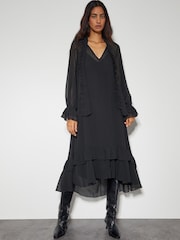 Monsoon Black Aurelia Long Sleeve Ruffle Midi Dress - Image 6 of 8