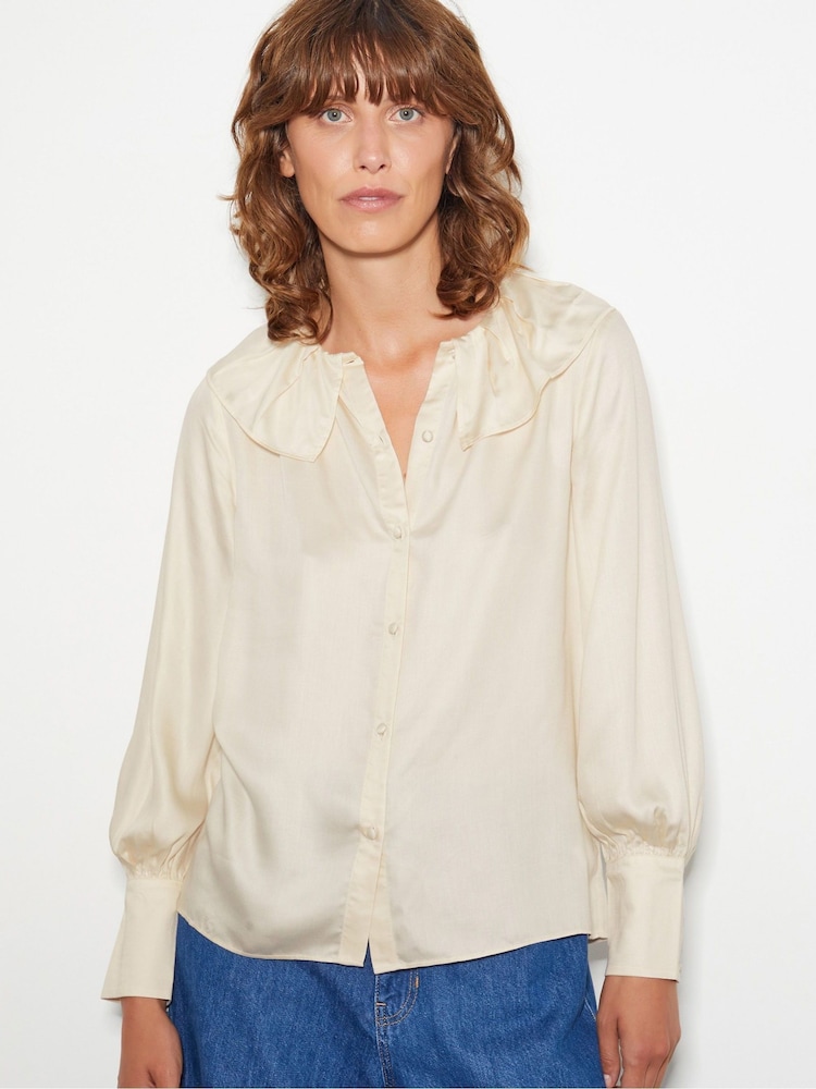 Monsoon Natural Daisy Frill Collar Satin Blouse - Image 1 of 4