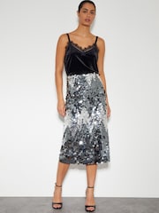Monsoon Silver Sia Sequin Midi Skirt - Image 1 of 5