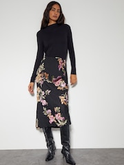 Monsoon Black Ariella Floral Devore Midi Skirt - Image 1 of 4