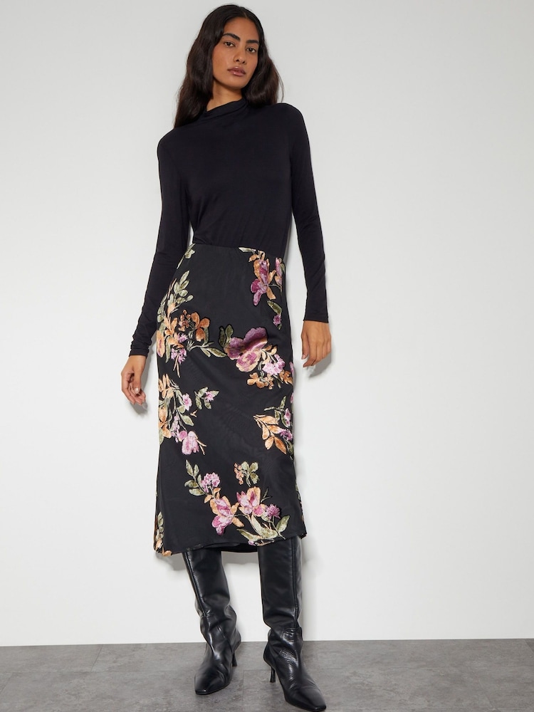 Monsoon Black Ariella Floral Devore Midi Skirt - Image 1 of 4