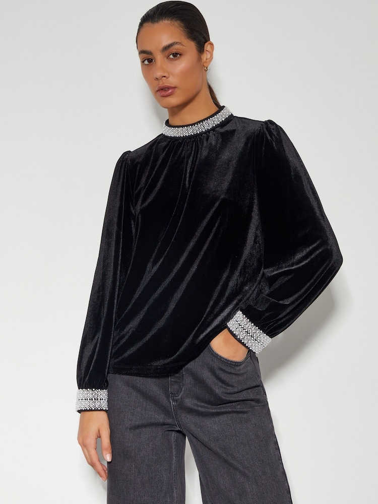 Monsoon Black Tate Bead Trim Velvet Top - Image 1 of 3