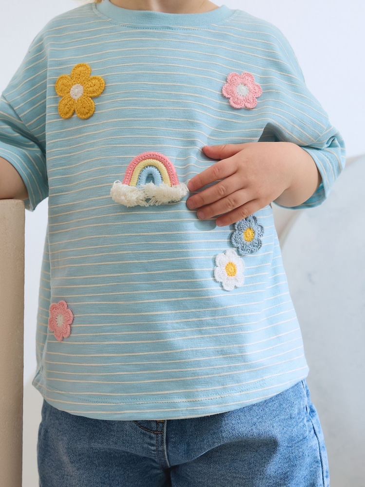 Blue Crochet Rainbow Flowers Short Sleeve T-Shirt (3mths-7yrs) - Image 1 of 7