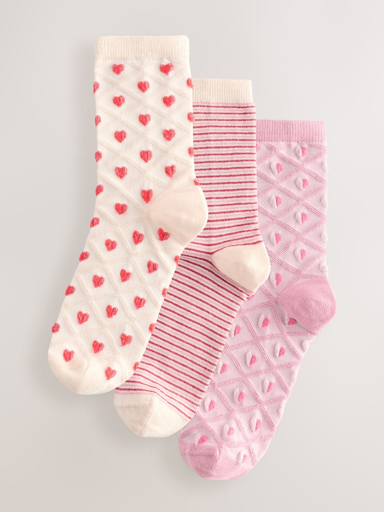 Pink/Ecru Textured Heart Ankle Socks 3 Pack - Image 1 of 4