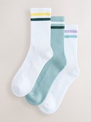 White/Blue Cushion Sole Ribbed Sport Ankle Socks 3 Pack With Arch Support - Image 1 of 6