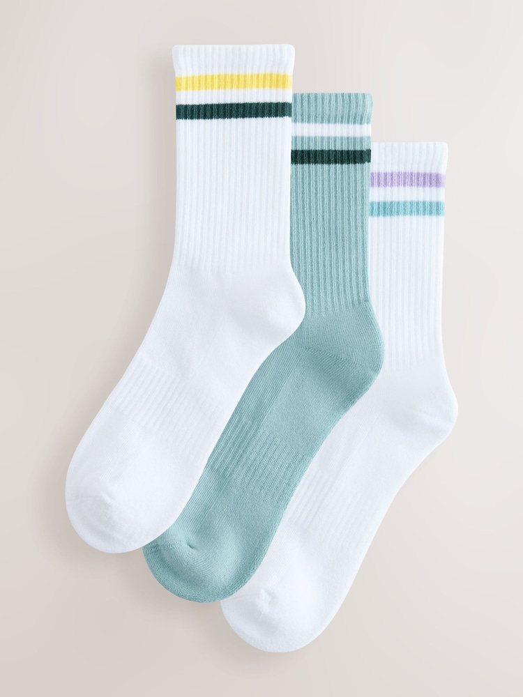 White/Blue Cushion Sole Ribbed Sport Ankle Socks 3 Pack With Arch Support - Image 1 of 6