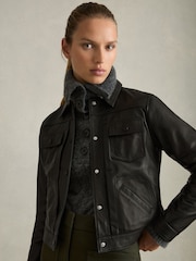 Reiss Black Ely Leather Trucker Jacket - Image 1 of 6