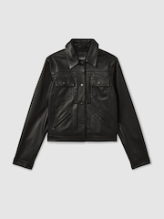 Reiss Black Ely Leather Trucker Jacket - Image 2 of 6