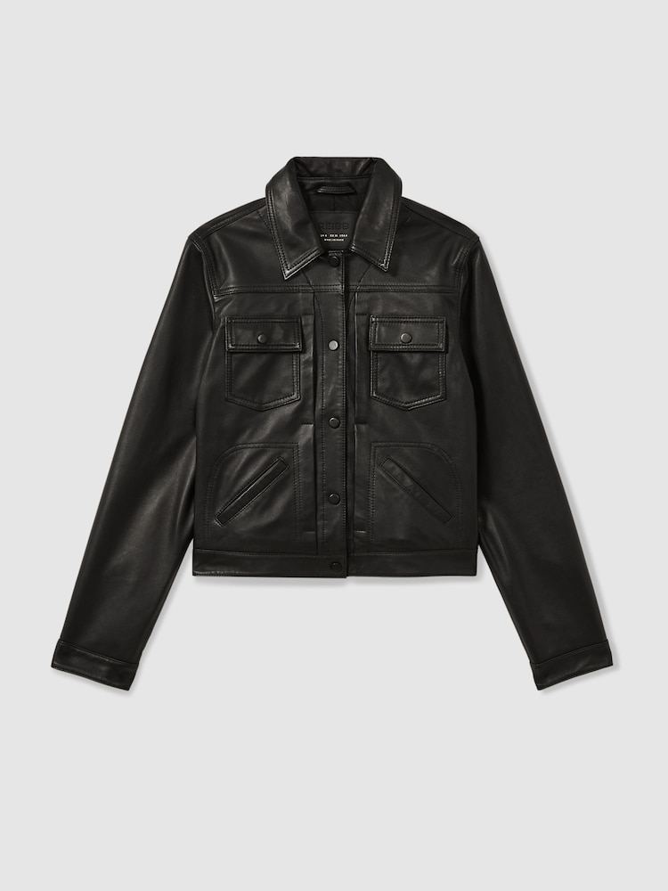 Reiss Black Ely Leather Trucker Jacket - Image 2 of 6