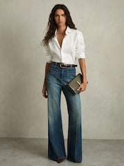 Reiss Mid Blue Sakura Patch Pocket Flared Jeans - Image 1 of 9