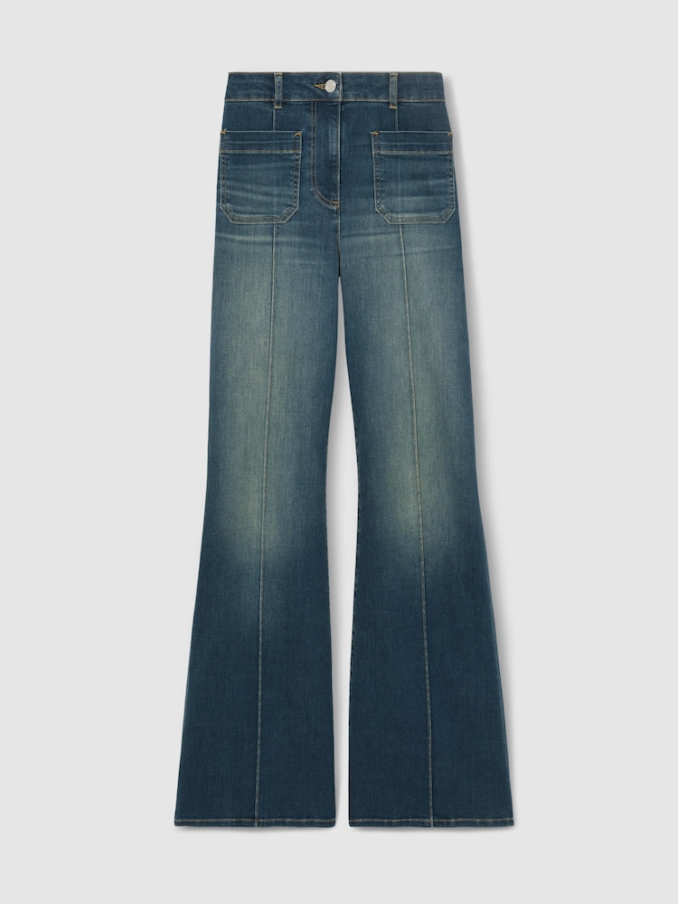 Reiss Mid Blue Sakura Patch Pocket Flared Jeans - Image 2 of 9