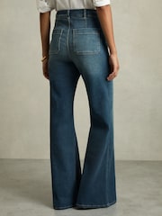 Reiss Mid Blue Sakura Patch Pocket Flared Jeans - Image 6 of 9