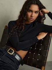 Reiss Black Edith Jersey-Stretch Ruched Cropped Top - Image 1 of 7