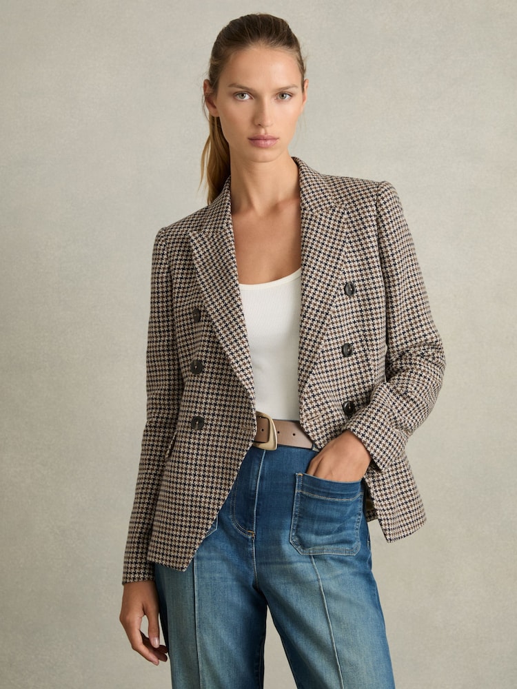 Reiss Navy Neutral Check Evie Cotton-Linen Double-Breasted Houndstooth-Check Blazer - Image 1 of 7