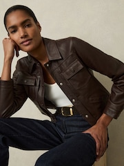 Reiss Burgundy Ely Leather Trucker Jacket - Image 1 of 6
