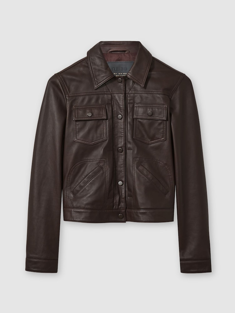 Reiss Burgundy Ely Leather Trucker Jacket - Image 2 of 6