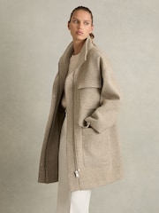 Reiss Neutral Amora Funnel-Neck Herringbone Coat With Wool - Image 1 of 6