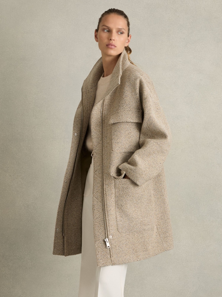 Reiss Neutral Amora Funnel-Neck Herringbone Coat With Wool - Image 1 of 6