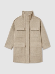 Reiss Neutral Amora Funnel-Neck Herringbone Coat With Wool - Image 2 of 6