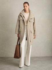 Reiss Neutral Amora Funnel-Neck Herringbone Coat With Wool - Image 3 of 6