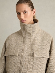 Reiss Neutral Amora Funnel-Neck Herringbone Coat With Wool - Image 4 of 6