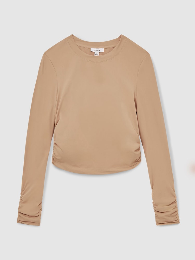 Reiss Sand Edith Jersey-Stretch Ruched Cropped Top - Image 2 of 6