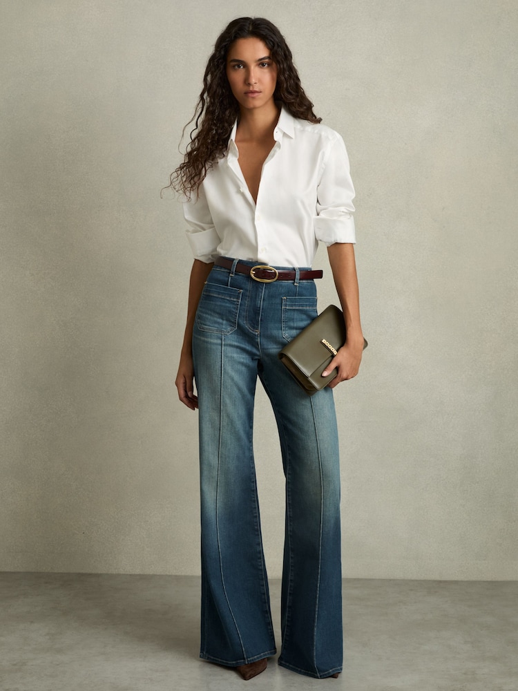 Reiss Mid Blue Sakura Petite Patch Pocket Flared Jeans - Image 3 of 10