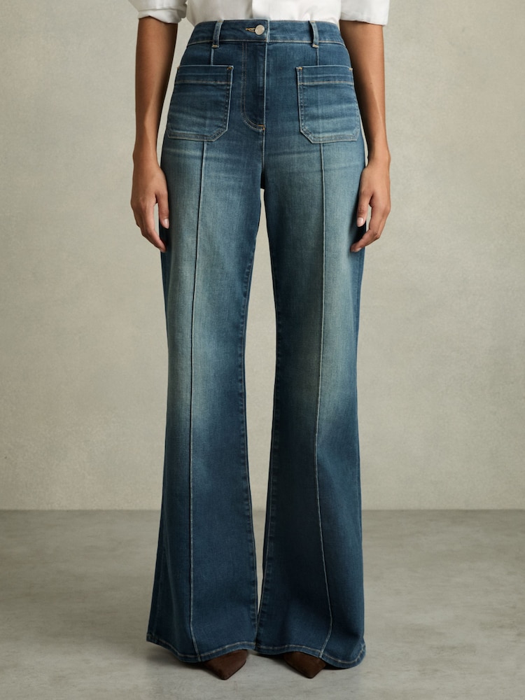 Reiss Mid Blue Sakura Petite Patch Pocket Flared Jeans - Image 4 of 10