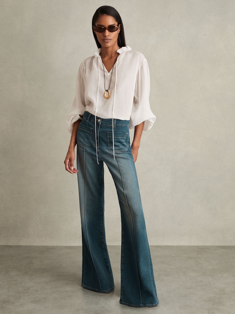 Reiss Mid Blue Sakura Petite Patch Pocket Flared Jeans - Image 8 of 10