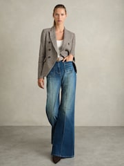 Reiss Navy Neutral Check Evie Petite Cotton-Linen Double-Breasted Houndstooth-Check Blazer - Image 1 of 8