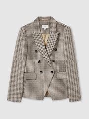 Reiss Navy Neutral Check Evie Petite Cotton-Linen Double-Breasted Houndstooth-Check Blazer - Image 2 of 8