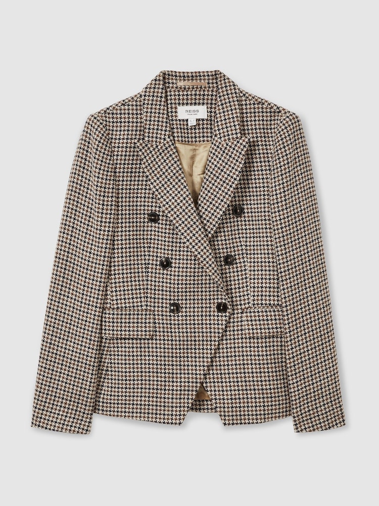 Reiss Navy Neutral Check Evie Petite Cotton-Linen Double-Breasted Houndstooth-Check Blazer - Image 2 of 8