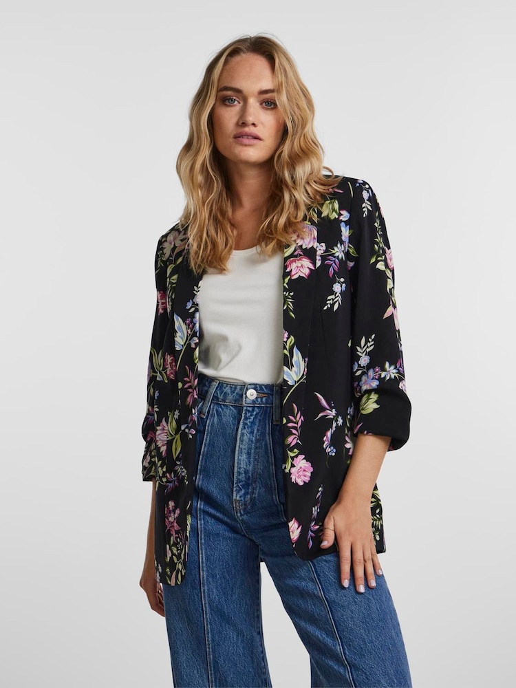 PIECES Black Floral Ruched Sleeve Blazer - Image 1 of 1