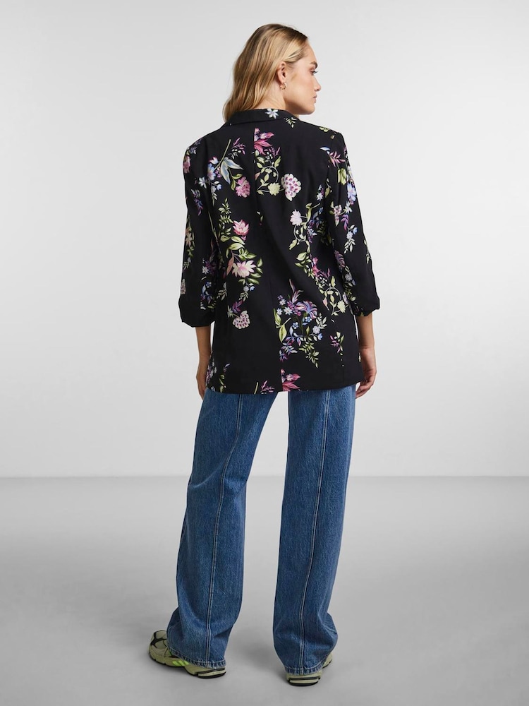 PIECES Black Floral Ruched Sleeve Blazer - Image 2 of 3