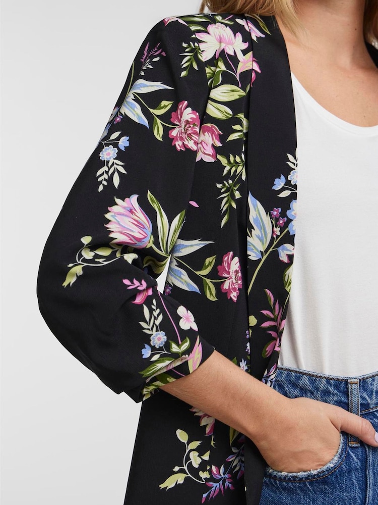 PIECES Black Floral Ruched Sleeve Blazer - Image 3 of 3