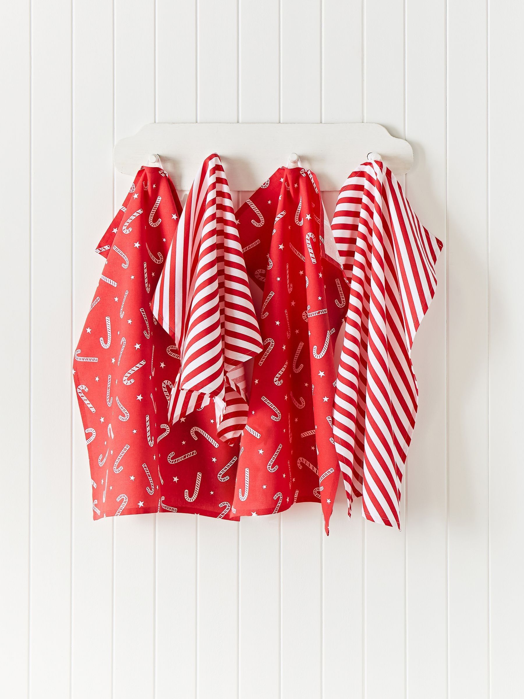 B&Q - Christmas Candy Cane Cotton 50X75 Cm Kitchen Tea Towel Pack Of 4 White Red - Image 3