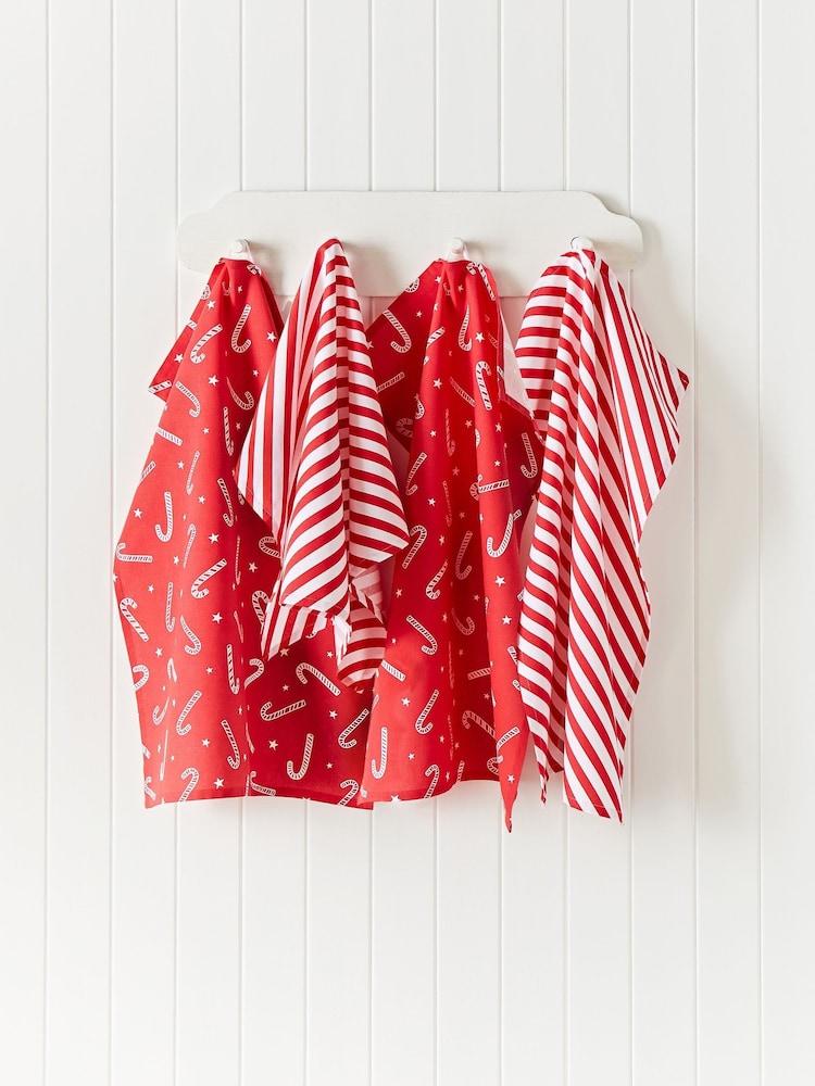 Catherine Lansfield 4 Pack Red Christmas Candy Cane 100% Cotton Tea Towels - Image 1 of 3
